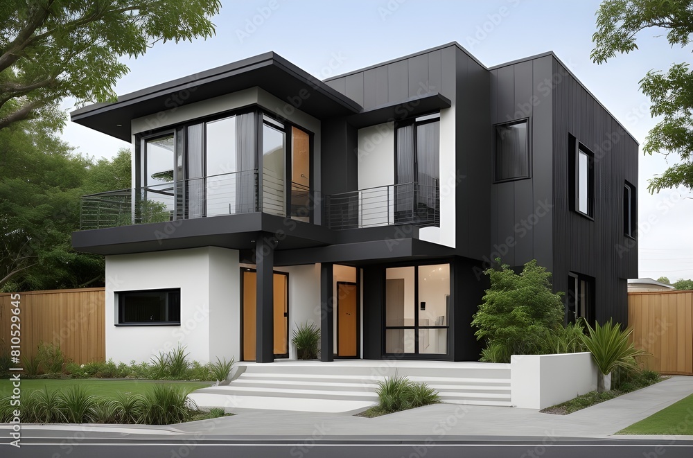 Exterior of modern minimalist cubic private house. Black walls and timber wood terrace