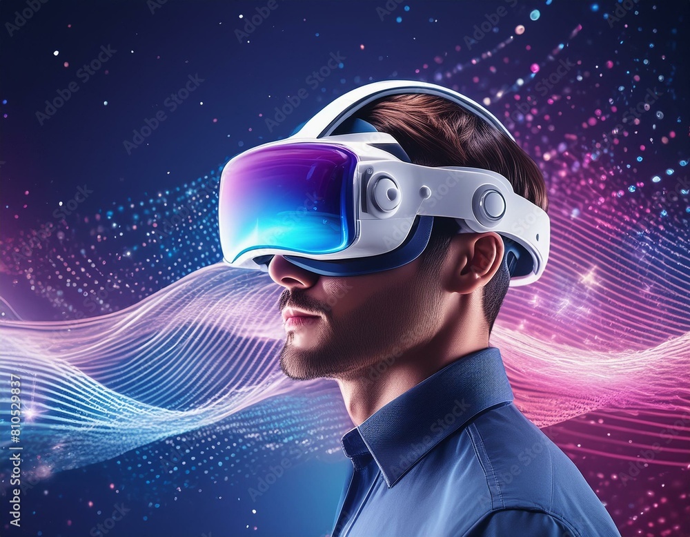 Man wearing VR glass with digital blue and pink abstract wave and dot dark background Man wearing VR glass with digital blue and pink abstract wave and dot dark background