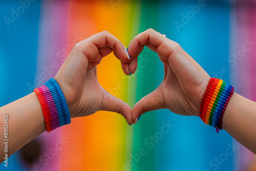 Hand making a heart sign with gay pride LGBTQ rainbow wristband. Happy pride month.