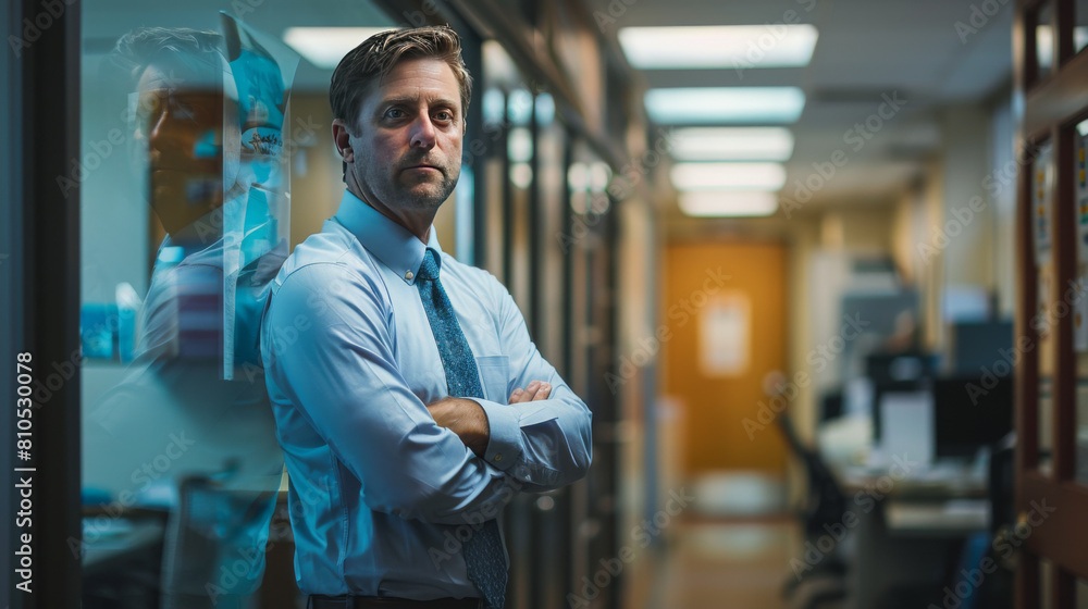 Middle-aged businessman with a serious expression standing confidently in an office hallway. Middle-aged businessman with a serious expression standing confidently in an office hallway.