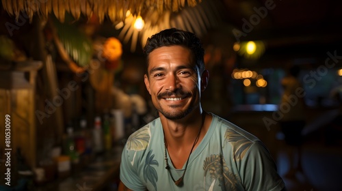 Handsome Latino bartender with a friendly smile stands behind a colorful tiki bar on a pristine summer beach.