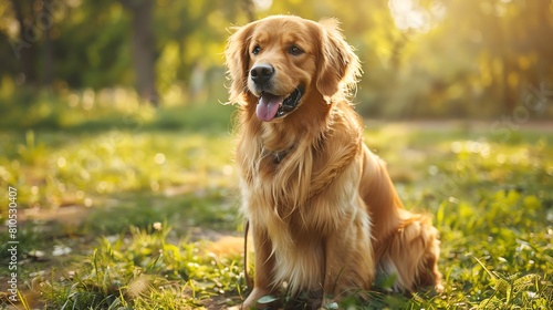 Pet dog sitting with a leash, smiling in a sunny park, copy space on the right for advertising banners