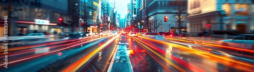 Busy urban intersection showing blurred traffic lights and streaming headlights, long exposure, with copy space