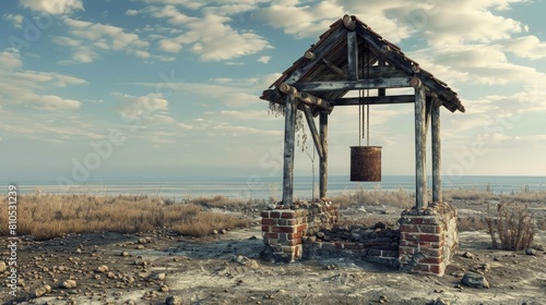 A solitary brick water well standing tall in a desolate landscape, its wooden roof weathered by time, a bucket hanging from a frayed rope.