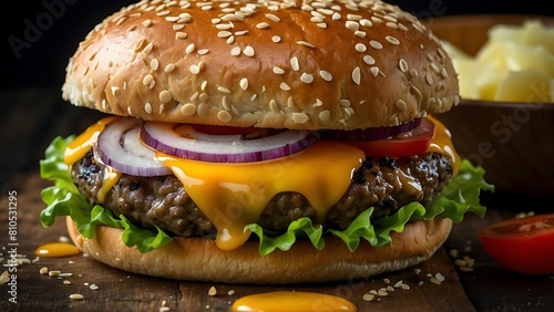 A delicious beef patty with cheese  tomato  onion  and lettuce on a sesame seed bun.