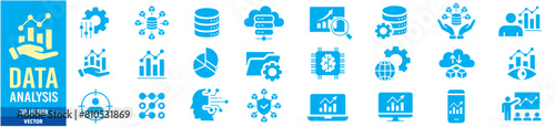 Data analysis, Analytics, Statistics, Big data, Database editable stroke line icons set collection illustration vector