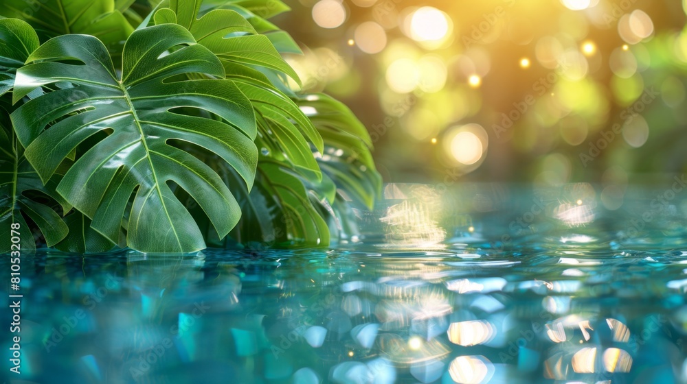 Tropical leaves on water background, huge green monstera and palm ...
