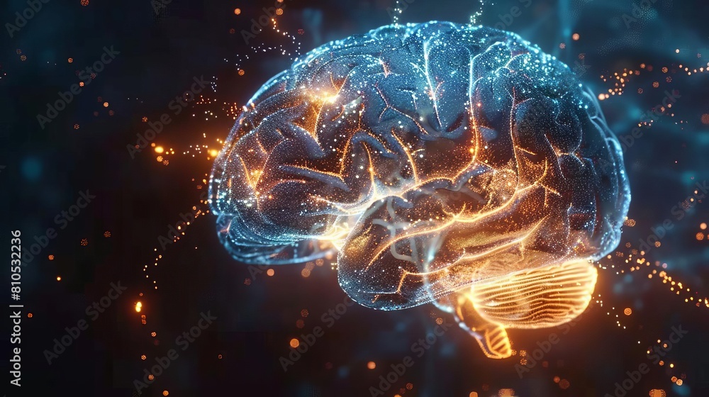 Brain structure lit up against a dark backdrop, emphasizing cognition Brain structure lit up against a dark backdrop, emphasizing cognition