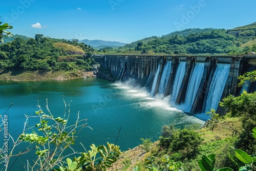 A harmonious blend of nature and engineering as emerald greenery embraces the sturdy walls of a reservoir dam, under a clear blue sky.