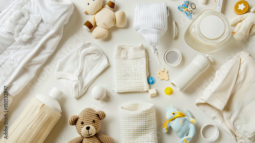 Baby items including a teddy bear, bottle and diapers. photo