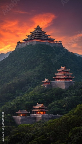 Buddhist temple on hill at sunset