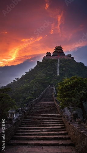 Buddhist temple on hill at sunset