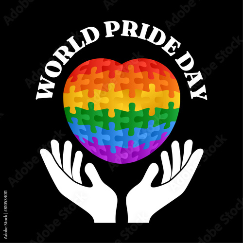 LGBT World Pride Day. Hands holding rainbow heart with colors flag. Vector isolated on black background.