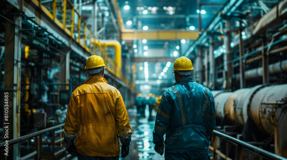 Two industrial workers in reflective safety gear talking while walking through a manufacturing plant.