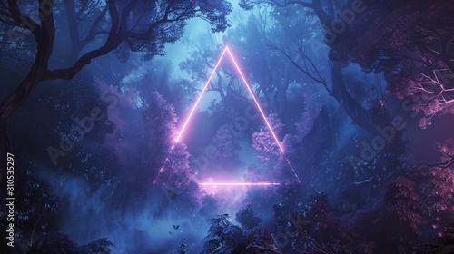 A bright neon triangle glowing amidst the dense forest of blue and purple