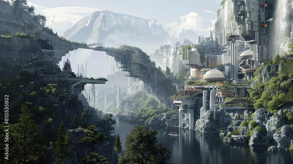 Naklejka premium Futuristic cityscape merged with natural landscapes, exploring a utopian vision