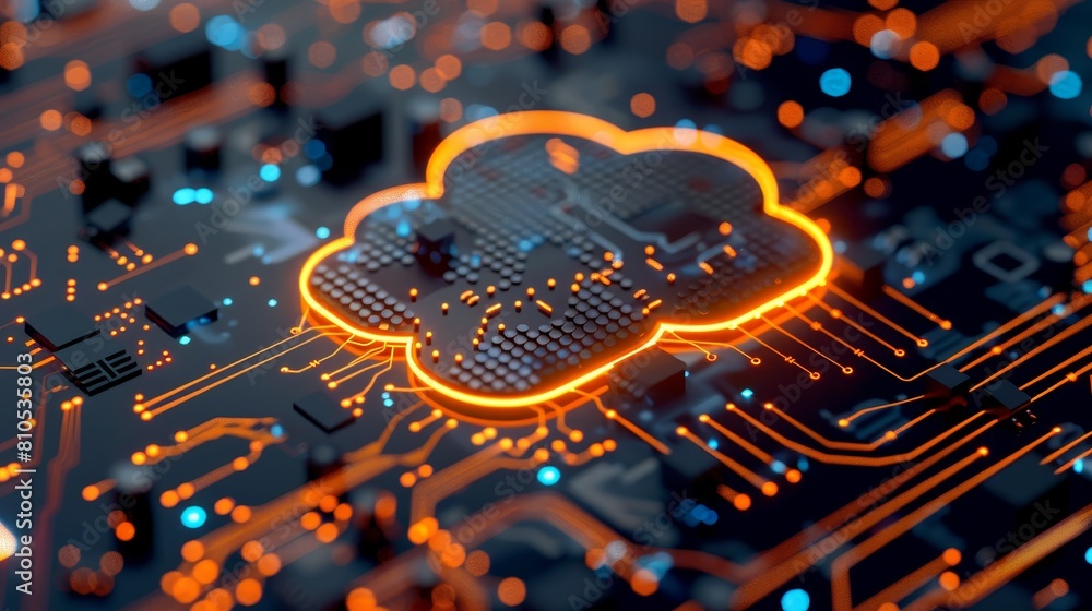 A cloud-shaped server, glowing on a dark circuit board A cloud-shaped server, glowing on a dark circuit board