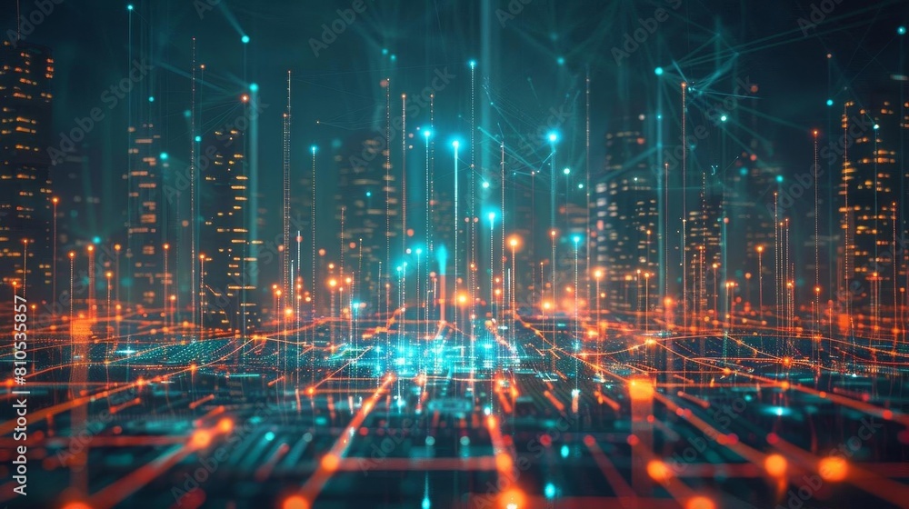 Futuristic cityscape with illuminated networks, depicting a smart city or advanced urban technology Futuristic cityscape with illuminated networks, depicting a smart city or advanced urban technology