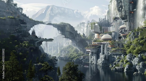 Futuristic cityscape merged with natural landscapes, exploring a utopian vision