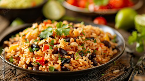 Plate with tasty rice beans and vegetables on table cl
