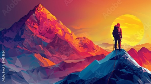 A lone adventurer stands atop a geometric  stylized mountain range with a vibrant sunset backdrop  evoking inspiration and challenge.