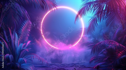 palm leaves in shades of blue  purple  and teal  encircling a glowing circle frame