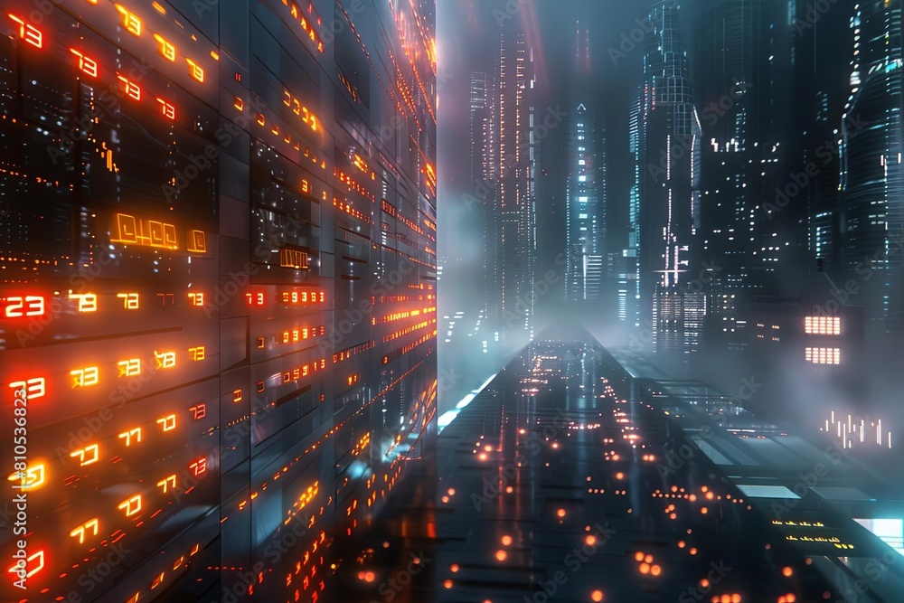 Glowing stock market data in a futuristic setting, emphasizing financial analysis