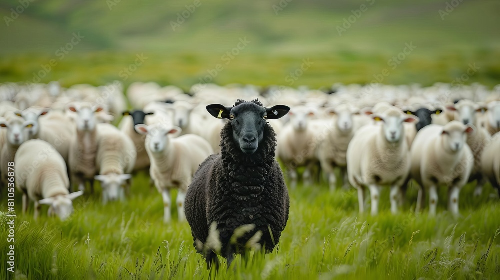 Fototapeta premium A panoramic view of a lush green field with one black sheep standing prominently among a crowd of white sheep
