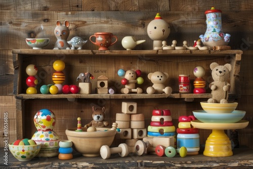 Vintage Wooden Shelf Filled with Assorted Classic Children s Toys and Teddy Bears © P
