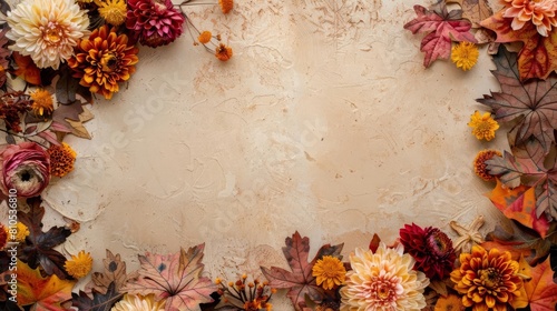 Seasonal autumn flower border with dried leaves and chrysanthemums