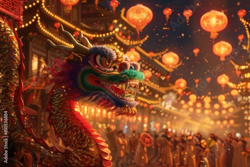 Dragon Festival celebration with colorful dragon costumes, Chinese lanterns, and traditional delicacies