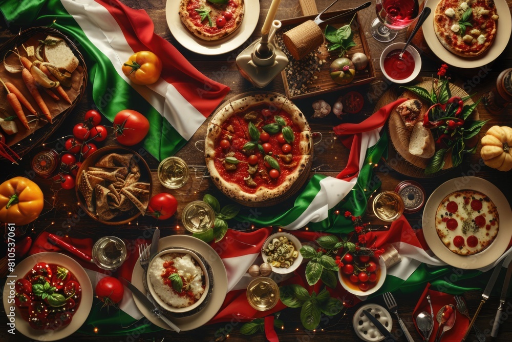 Republic Day Celebration in Italy with Waving Flag and Traditional Cuisine on Wooden Background