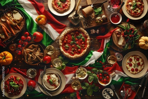 Republic Day Celebration in Italy with Waving Flag and Traditional Cuisine on Wooden Background