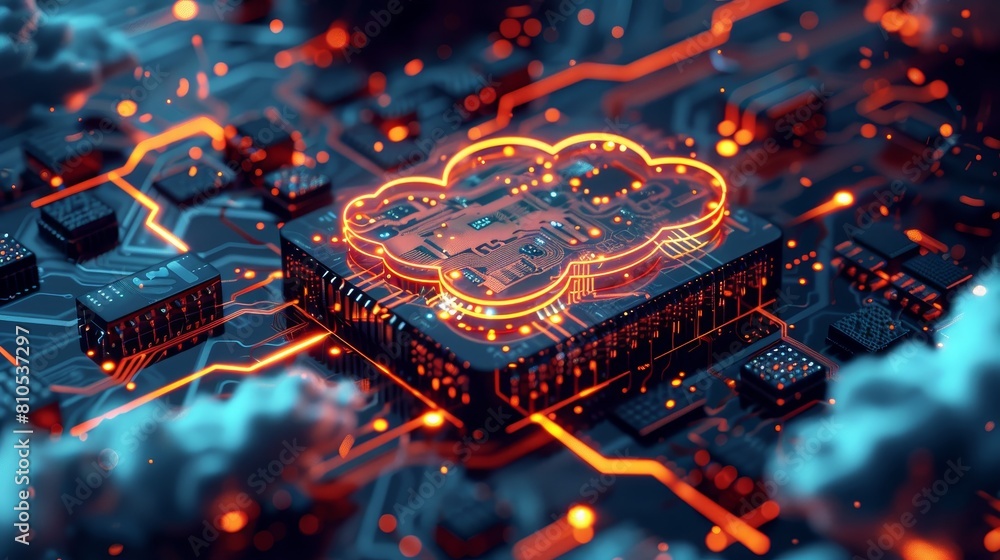 A glowing cloud server in the shape of a circuit board, set against a dark background A glowing cloud server in the shape of a circuit board, set against a dark background