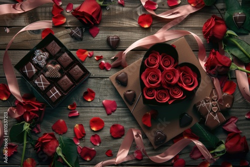 Valentine's Day Celebration with Heart-Shaped Rose Bouquet and Chocolates on Wooden Background