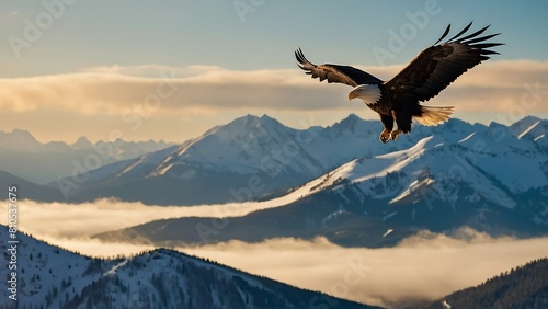 Bald Eagle Flying on top of a snow covered mountain