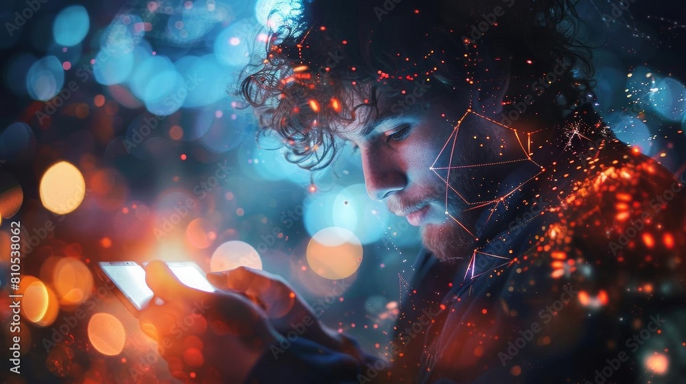 Individual using digital devices highlighting personal impact in a globalized world Individual using digital devices highlighting personal impact in a globalized world