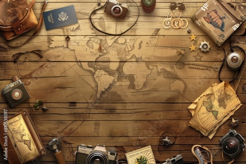 Travel essentials display with suitcases, passports, and global landmarks on a warm wooden background