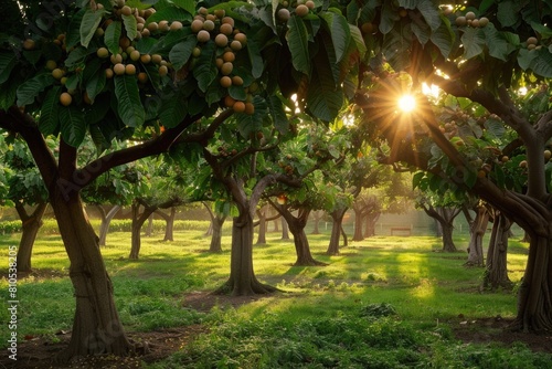 Sunlit walnut orchard with lush trees and ripe walnuts illuminated by gentle sunlight