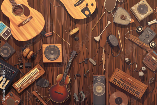 Enjoying Music with Instruments and Audio Equipment on a Wooden Background  Featuring People Engaged in Music