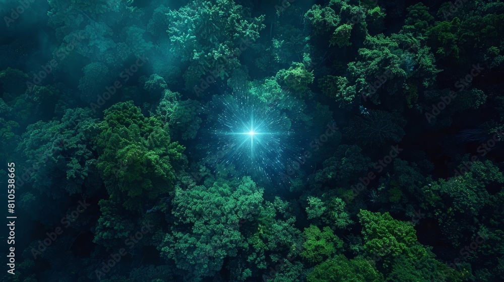 neon star standing out in a dense forest of green and indigo