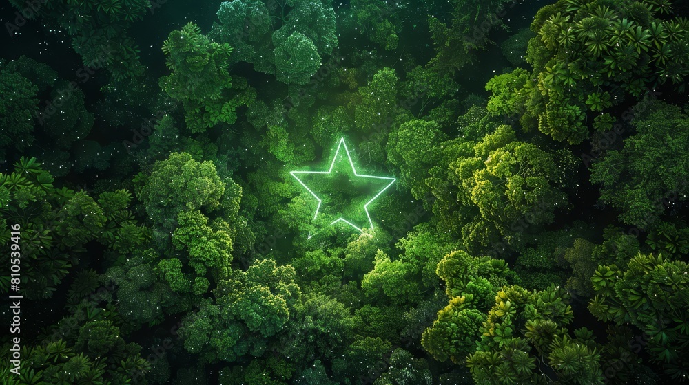 Fototapeta premium neon star glowing amidst a dense forest of green and lime
