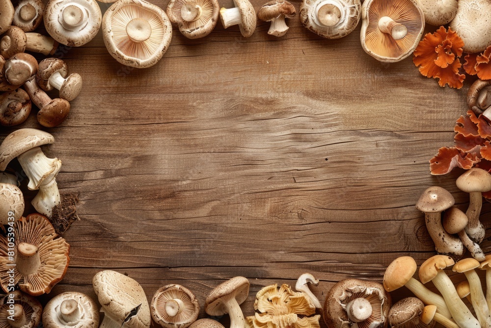 Assortment of Mushrooms on a Wooden Surface, Natural Earthy Qualities Showcased in Warm Light Assortment of Mushrooms on a Wooden Surface, Natural Earthy Qualities Showcased in Warm Light