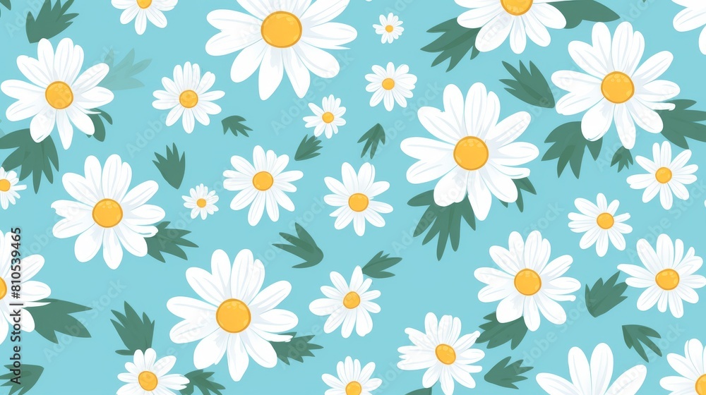 A pattern of white daisies with yellow centers and green leaves on a blue background.