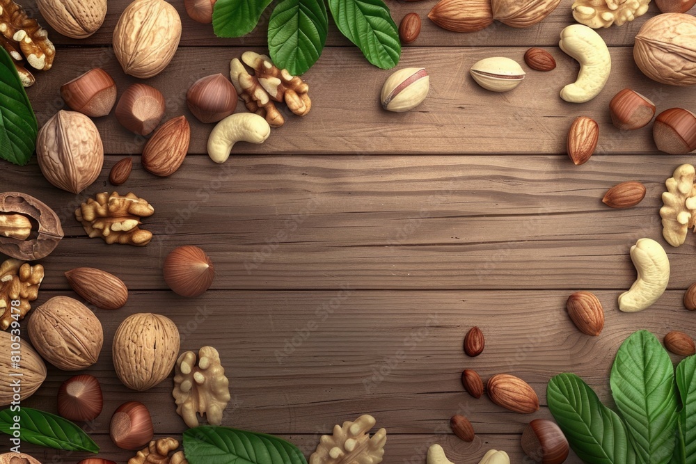 Assorted Nuts on a Wooden Surface, Natural Textures and Earthy Tones Highlighted Assorted Nuts on a Wooden Surface, Natural Textures and Earthy Tones Highlighted