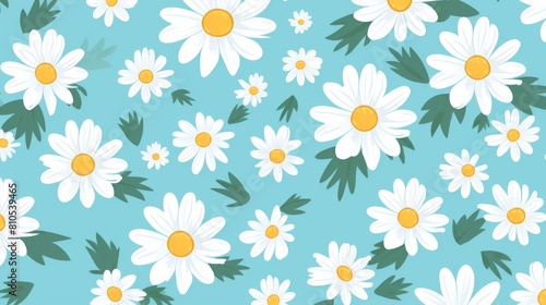 A pattern of white daisies with yellow centers and green leaves on a blue background.