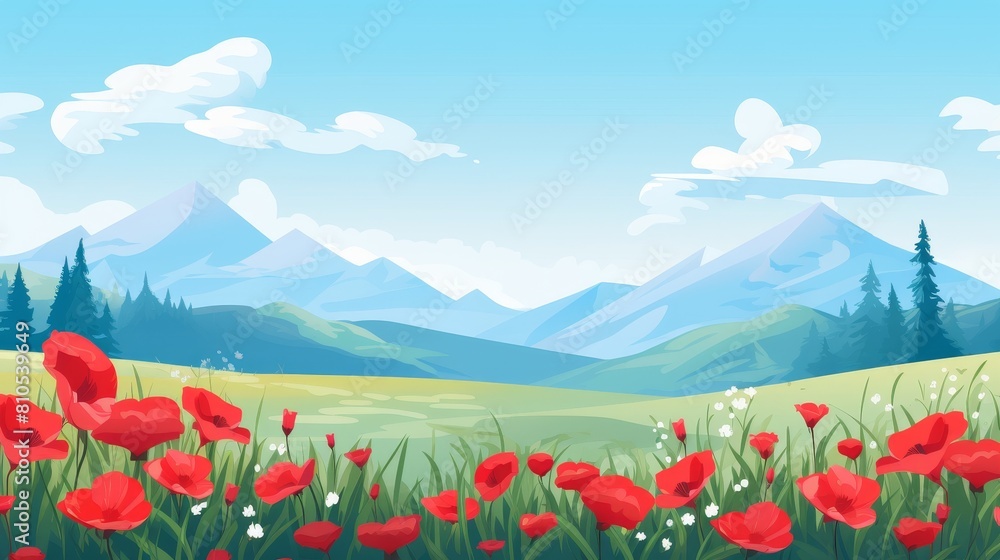 Poppy flowers field with mountains in the distance.
