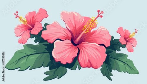 Wallpaper Mural Pink hibiscus flowers with green leaves, isolated on a white background. Torontodigital.ca
