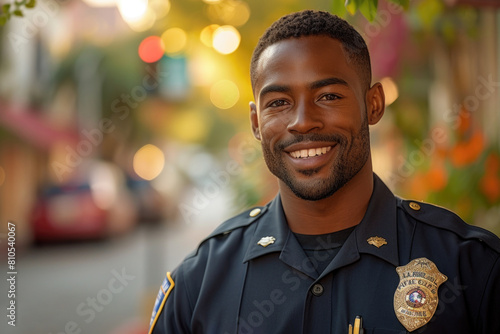 A cheerful African American officer stands with a radiant smile, the warm, blurred lights of a bustling cityscape behind him painting a picture of friendly community policing in an urban setting.