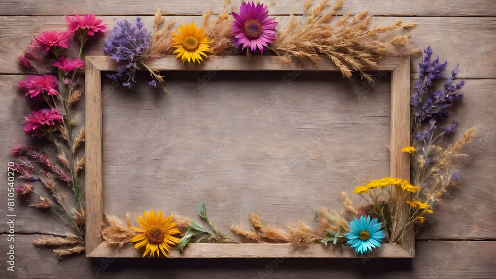 Frame and wooden background with dried flowers with empty space for greeting message.  Love and greeting concept design. AI generated image, ai